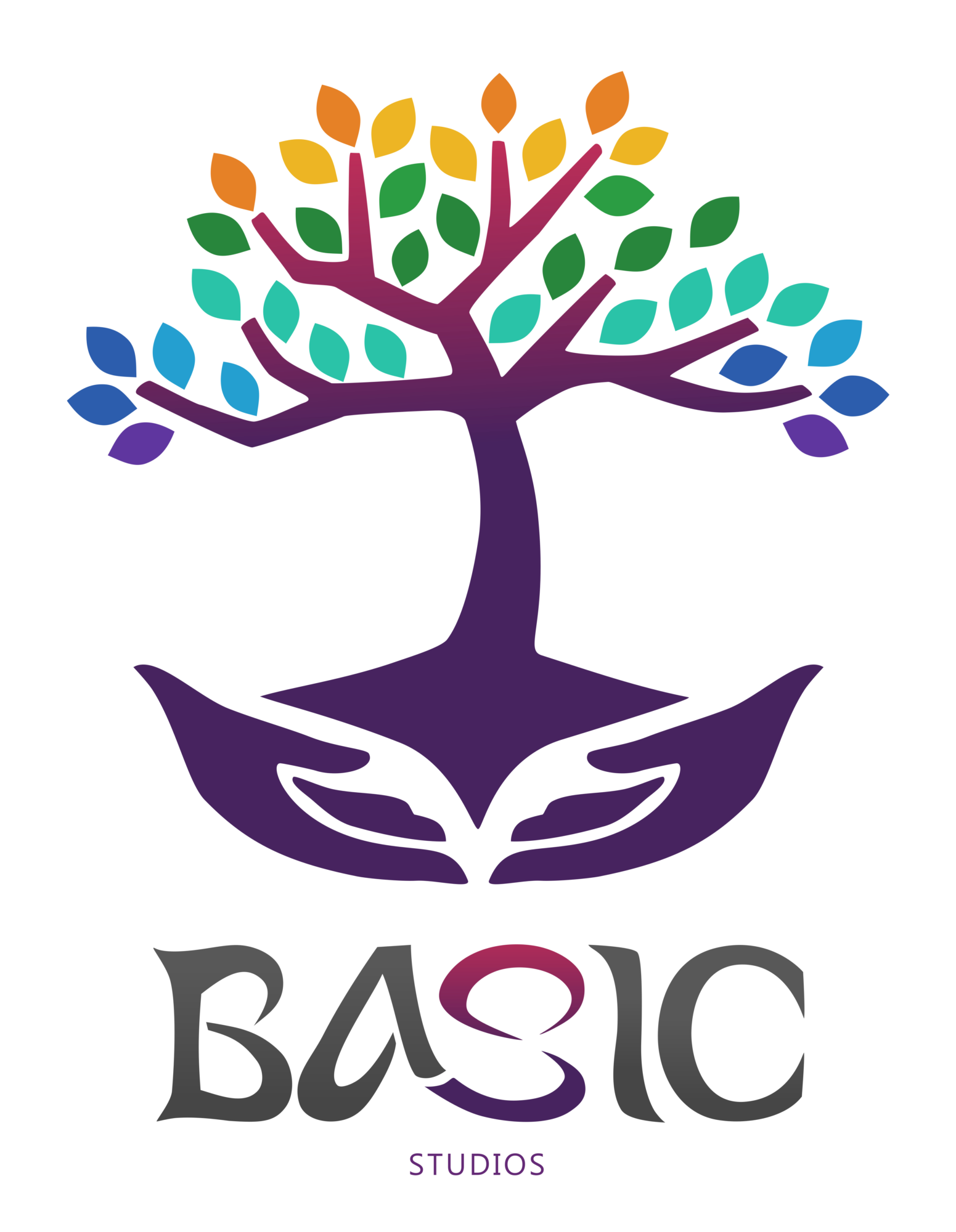 Colorful tree with purple trunk and branches, green, yellow, orange, blue, and purple leaves, and the word 'BASIC' below.