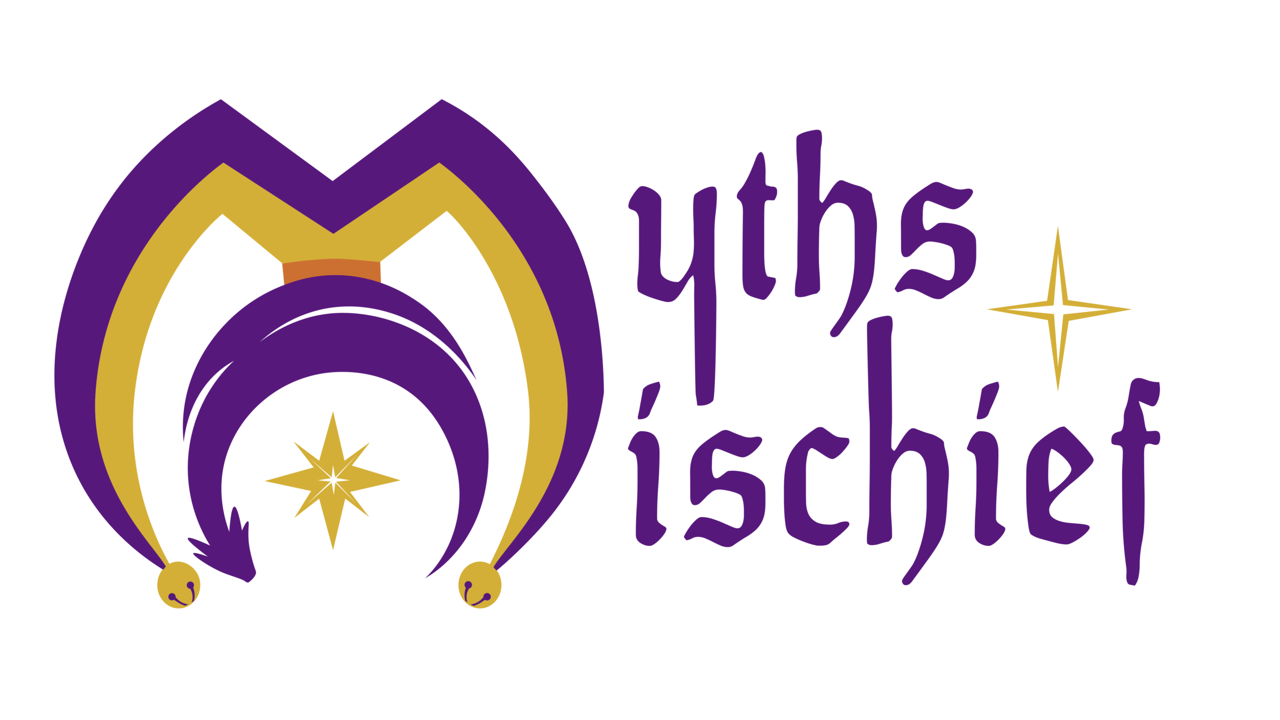 Logo with purple and gold design, text reading 'myths is chief,' and star symbols, on a black background.
