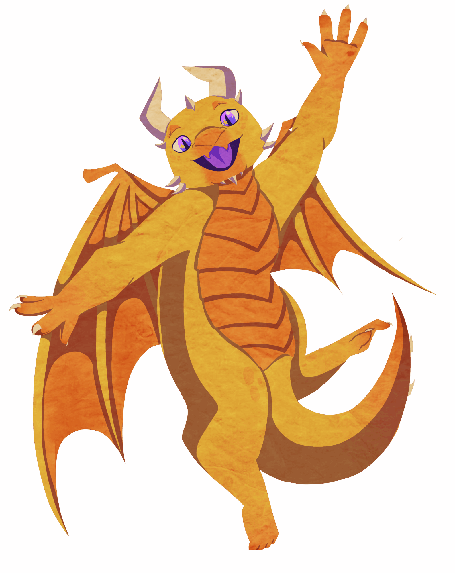 Colorful cartoon dragon with purple eyes, orange wings, and a big smile, raising one arm in a cheerful pose.