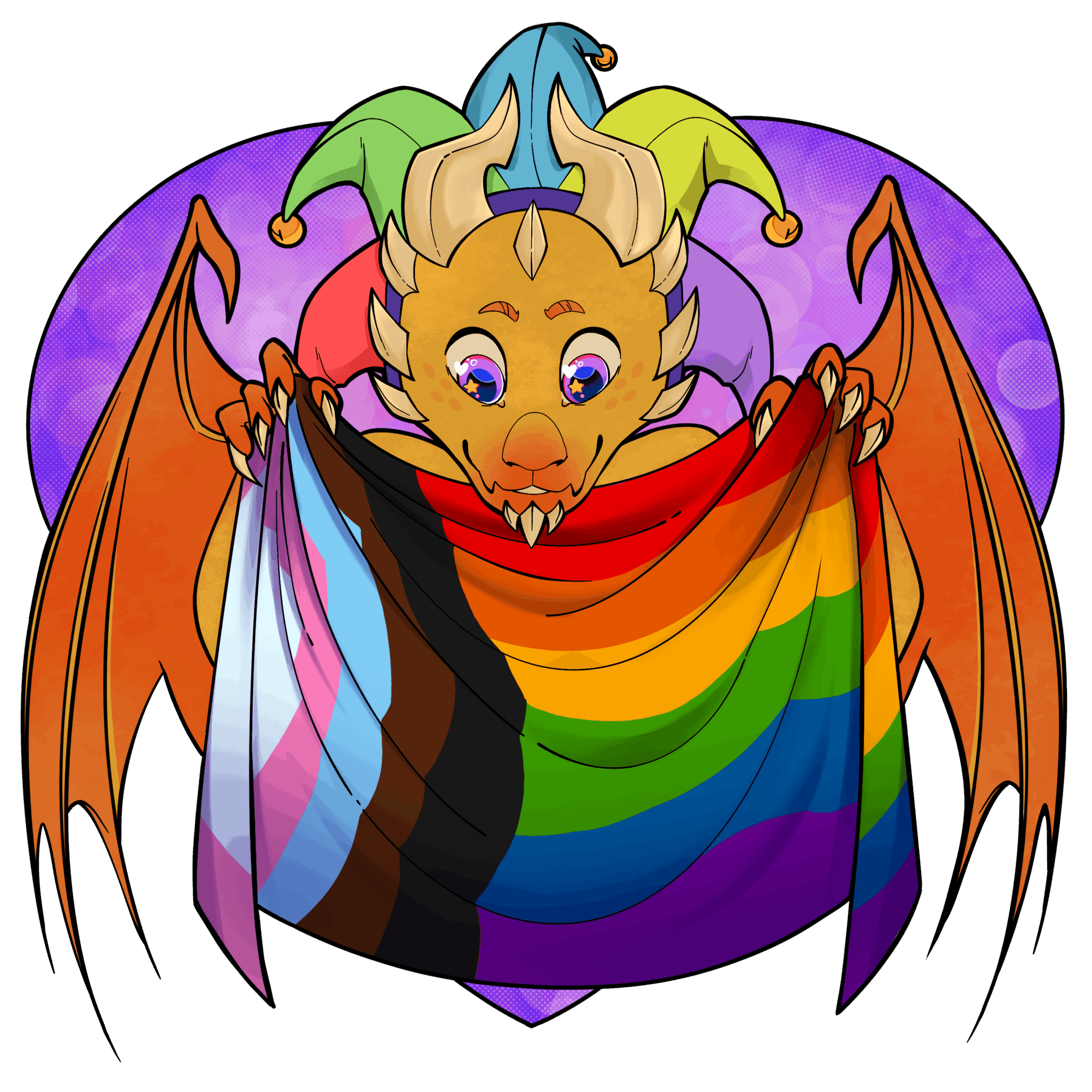 A cartoon dragon holding a rainbow pride flag, with colorful horns and wings, against a purple background.